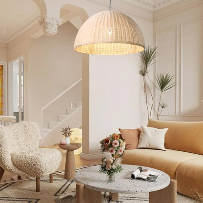 Organic jute and rattan layered pendant light crafted from raw natural fibers