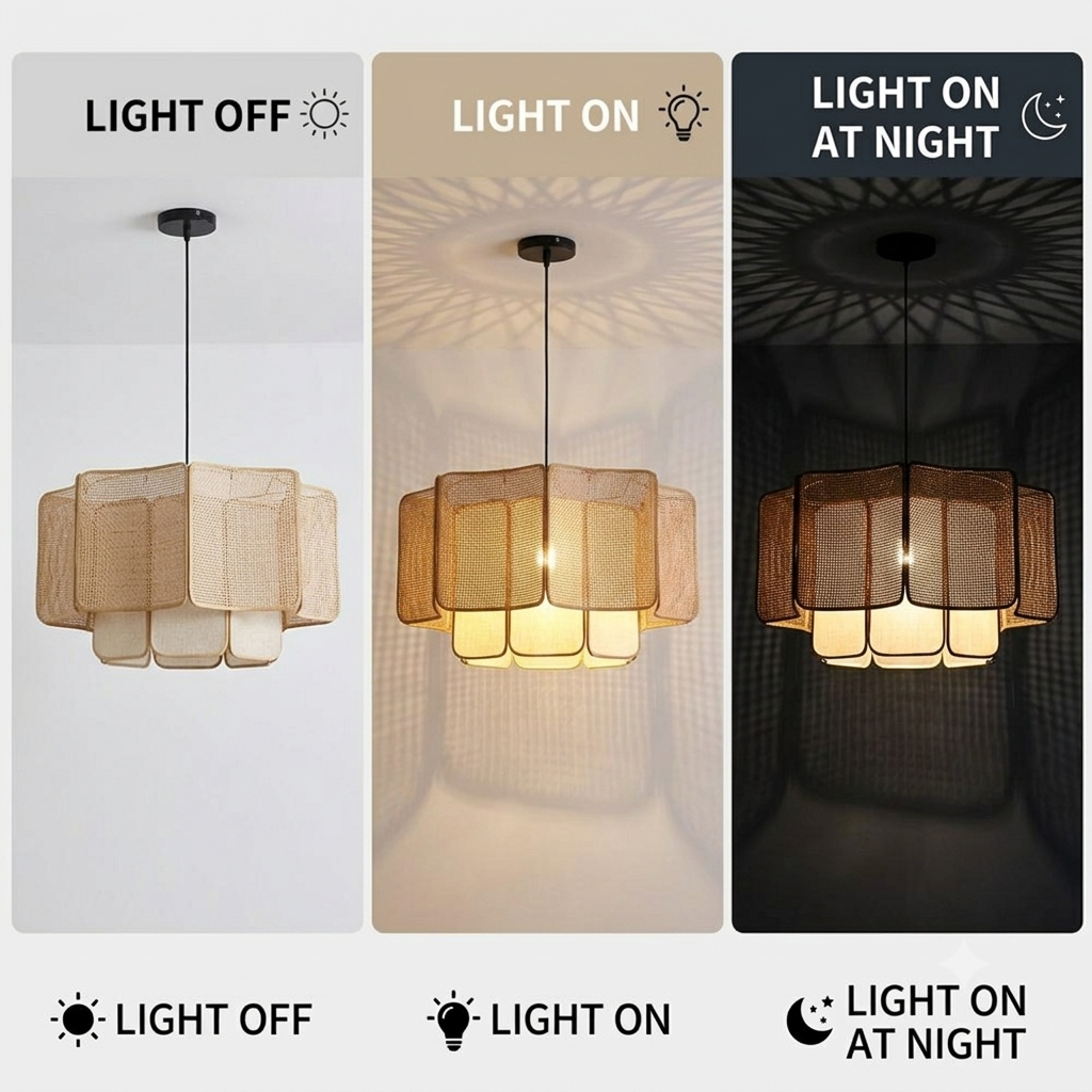 Wabi-sabi influenced rattan light, organic modern style for sophisticated homes, tiered design.