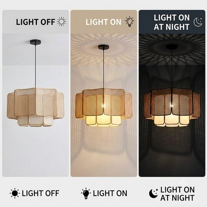 Wabi-sabi influenced rattan light, organic modern style for sophisticated homes, tiered design.