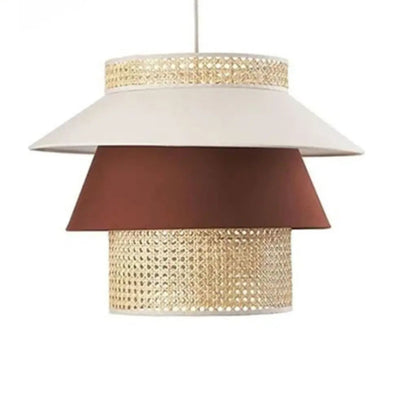 Unique organic rattan and canvas tiered ceiling fixture providing a refined and natural look.