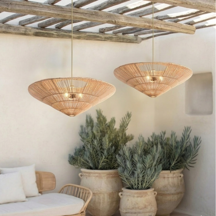 Organic rattan saucer pendant light fixture suitable for a covered outdoor patio area.