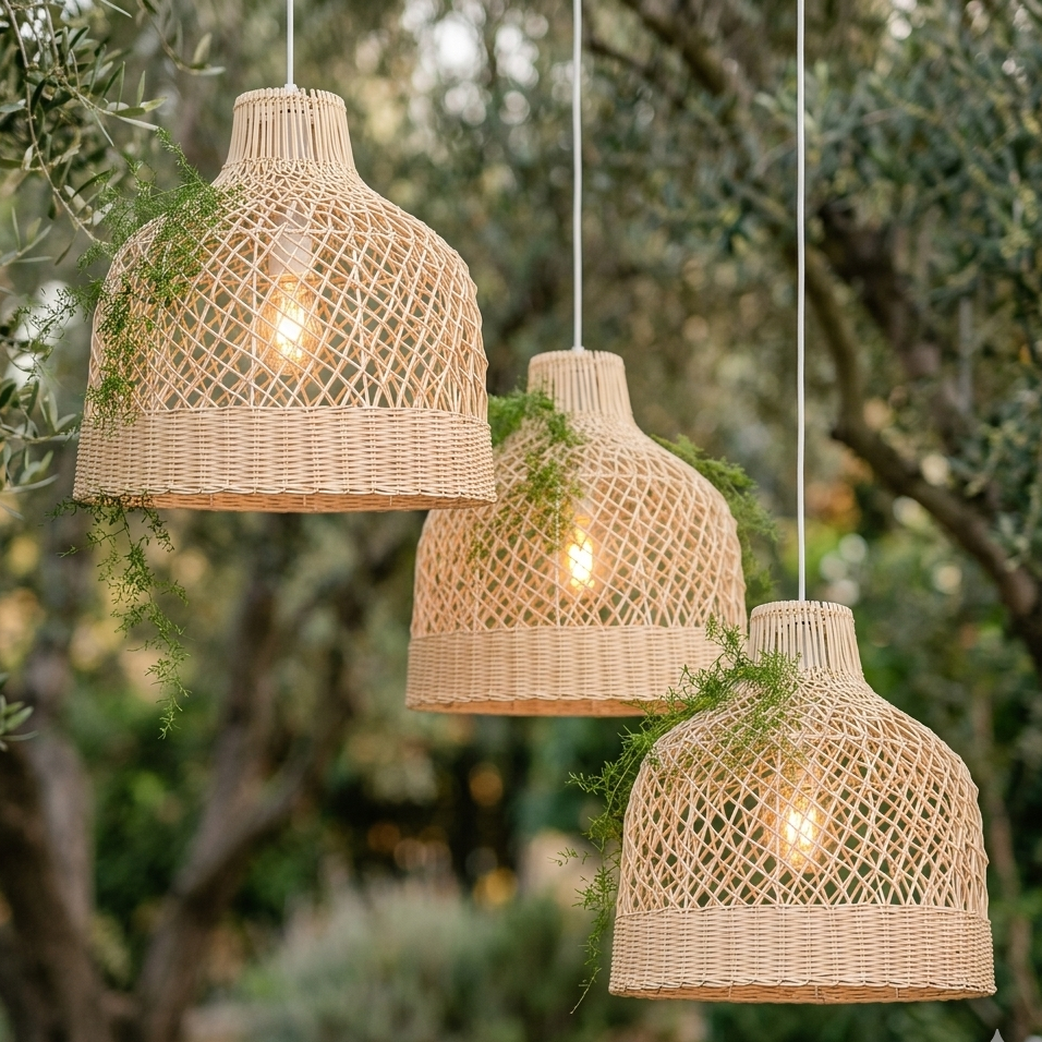 Organic rattan dome pendant light fixture perfectly suited for a covered outdoor garden patio area.