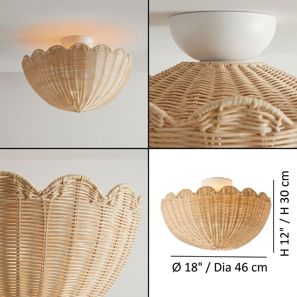 Organic rattan semi-flush fixture, an earth-friendly handmade lamp for a natural, airy home aesthetic.