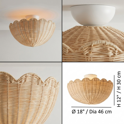 Organic rattan semi-flush fixture, an earth-friendly handmade lamp for a natural, airy home aesthetic.