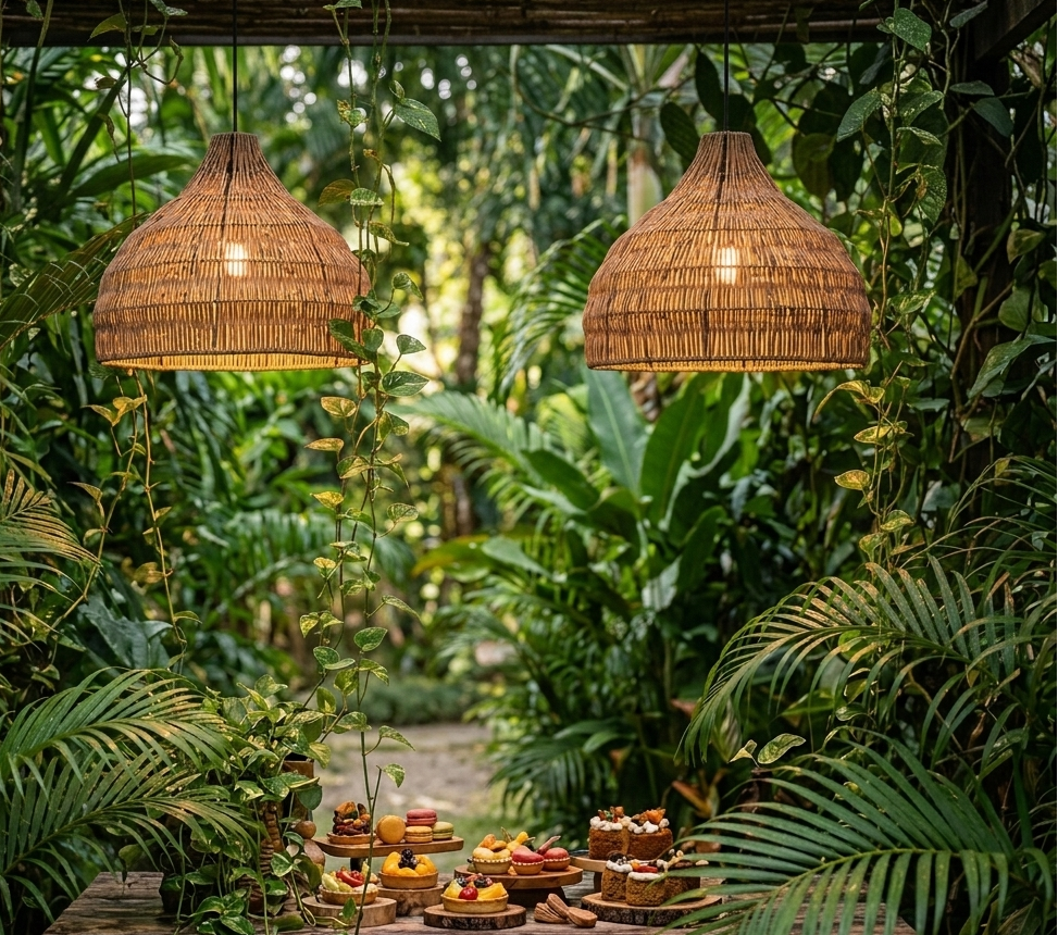 Organic rattan weave hanging light showcasing high-quality natural texture and rustic craftsmanship.