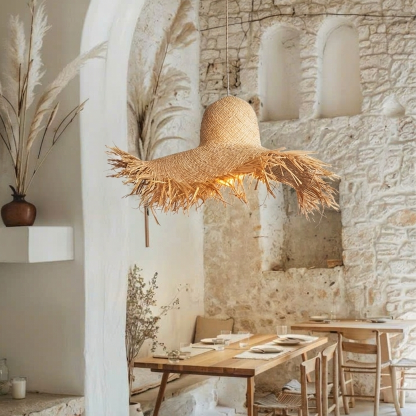 Unique organic seagrass ceiling fixture providing a refined and natural earth-conscious look.