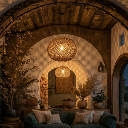 Organic shape seagrass ceiling lamp adding warm, textured light to living spaces