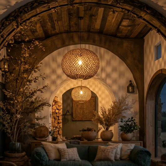 Organic shape seagrass ceiling lamp adding warm, textured light to living spaces