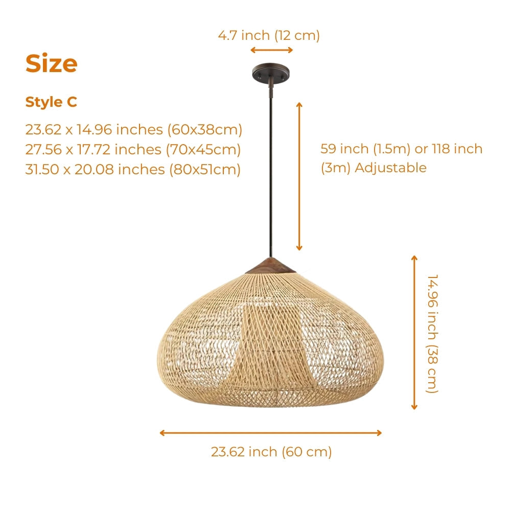 Organic natural woven rattan pendant light fixture