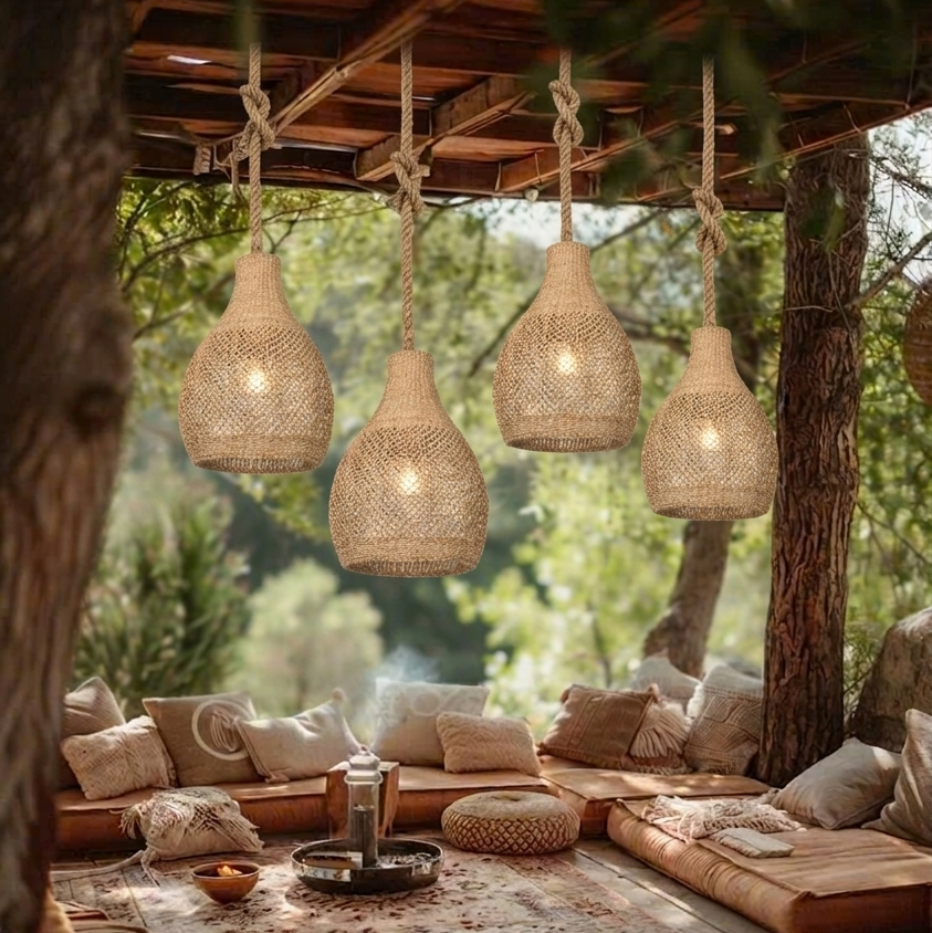 Natural fiber teardrop hanging lamp creating a serene, healing atmosphere in a luxury resort