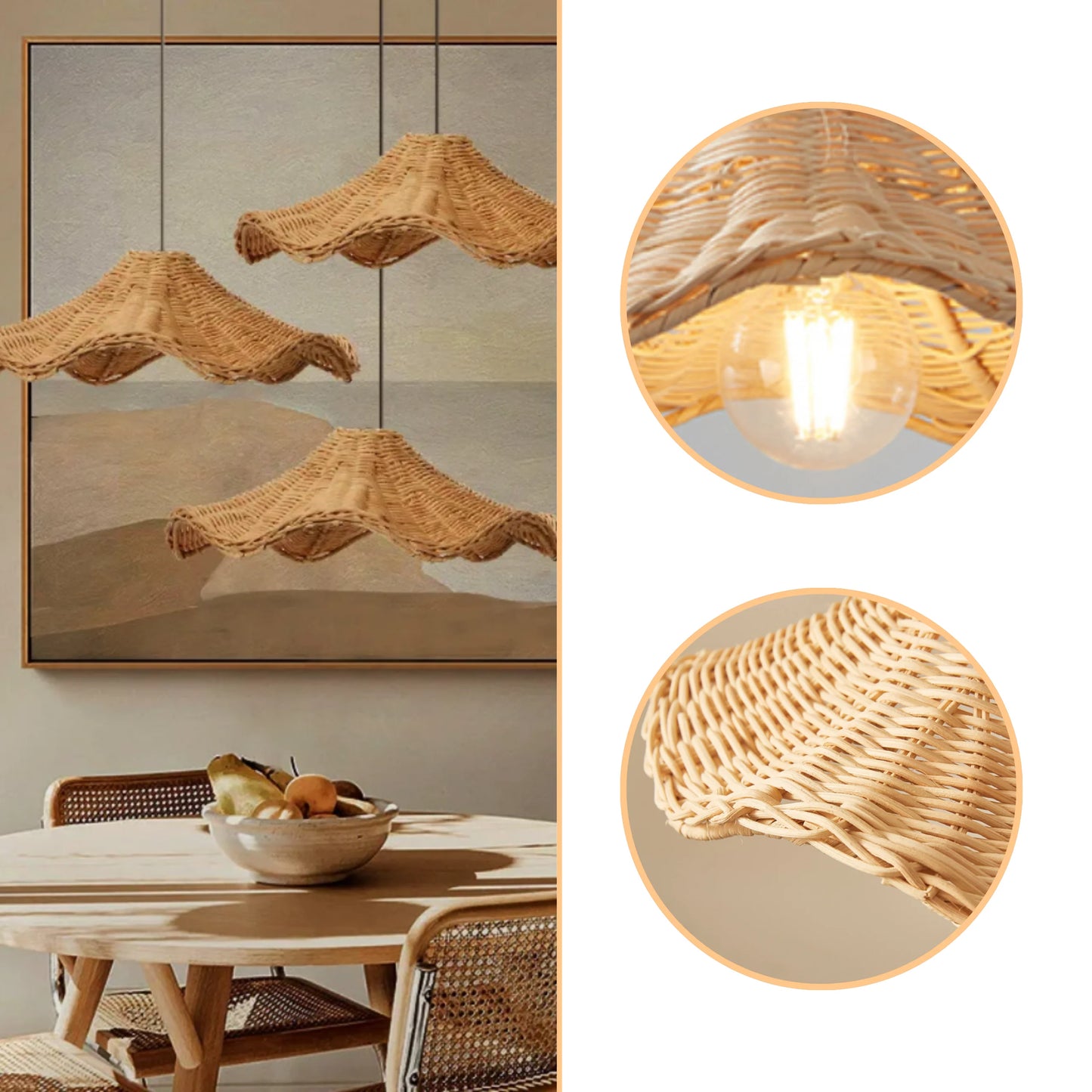 Organic texture hand-knotted rattan pendant light made from durable natural fibers