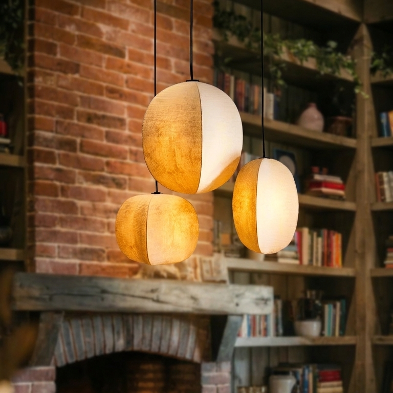 Textured paper orb hanging light with organic Wabi-Sabi aesthetic
