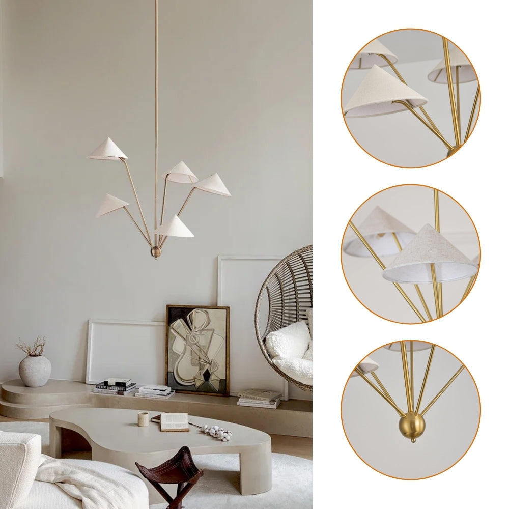 Artistic Wabi-Sabi multi-light cone chandelier with warm glowing bulbs