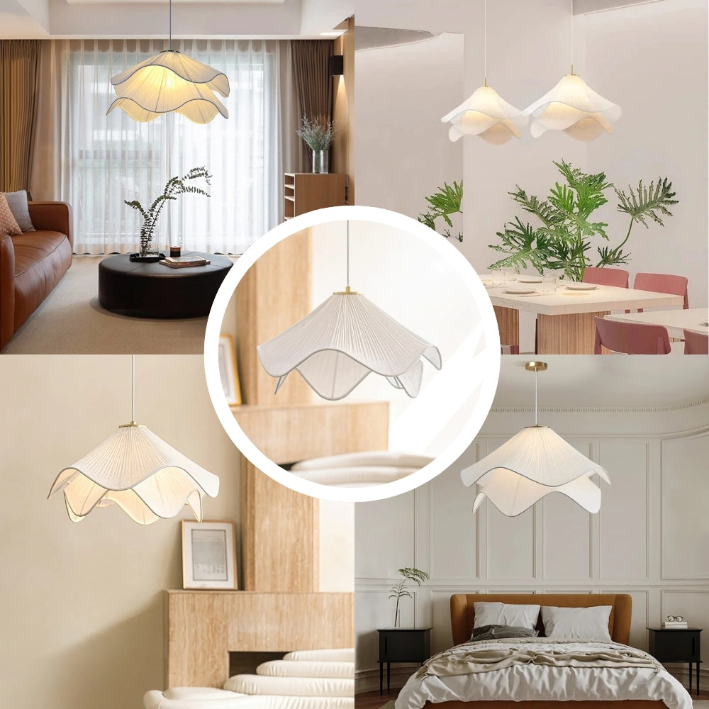 Organic shaped white fabric chandelier with Wabi-Sabi aesthetic
