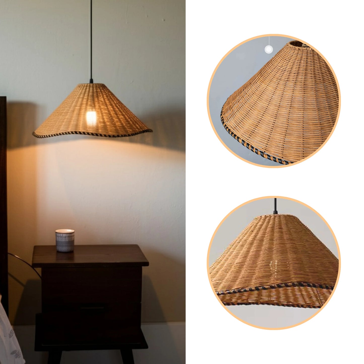 Organic woven rattan dome lamp creating a warm ambient glow