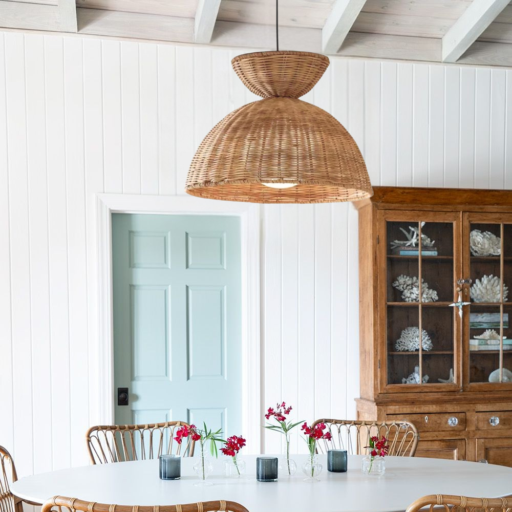 Organic woven rattan island ceiling lamp for a natural kitchen vibe