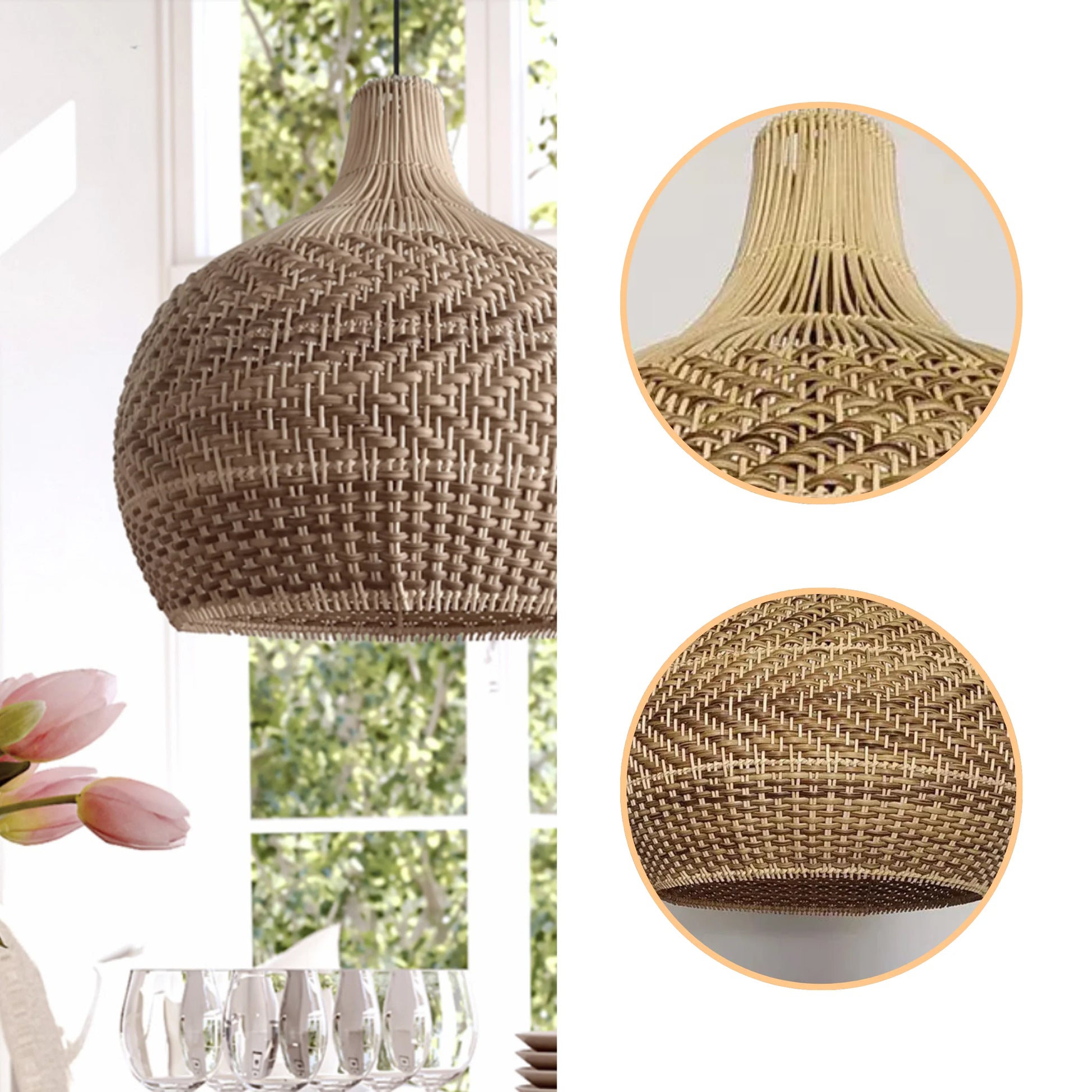 Organic woven teardrop pendant light with detailed natural weave pattern