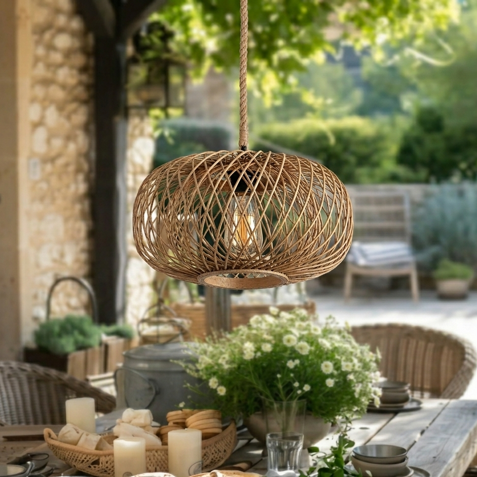 Robust wire cage ceiling light suitable for a modern garden porch or covered outdoor space.
