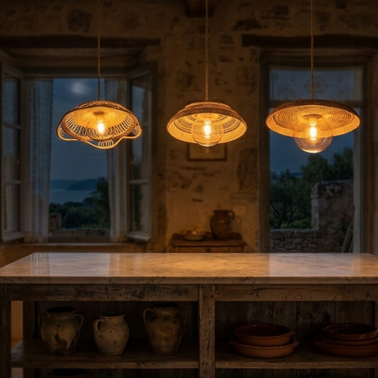 Global artisan pendant light with textural rattan for an eclectic and warm living area.
