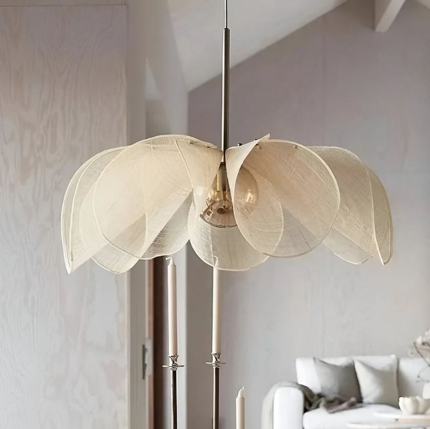 Pendant light in Handmade Natural Eco-friendly style, crafted from Fabric, ideal for Living room decor, providing ambient and mood lighting with an organic, sculptural appeal.