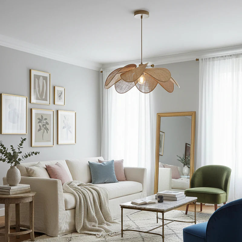 Pendant light featuring handmade natural Rattan design, perfect for eco-friendly living room decor, providing warm ambient mood lighting.
