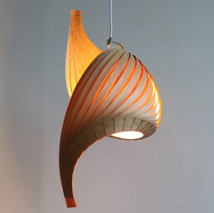 Pendant light in Japandi style, wood material, ideal for a serene, clean, and cozy home look.