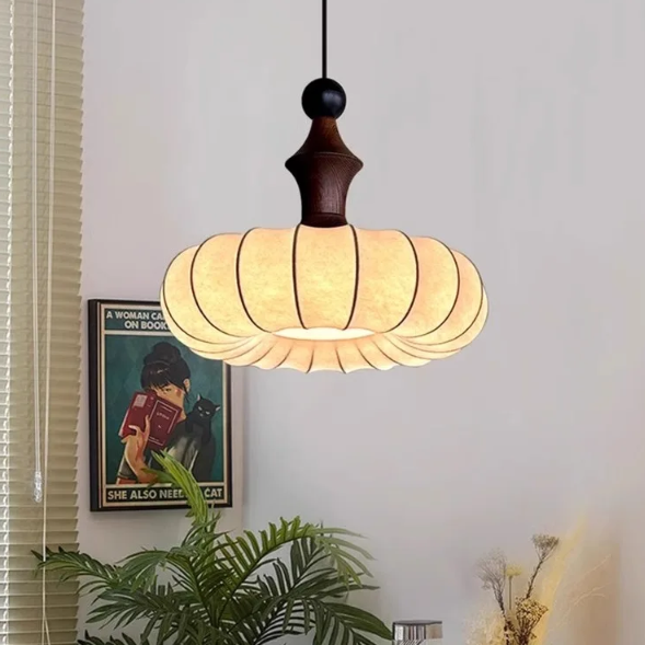 Pendant light in Minimalist style, featuring Wood Mix Cloth material, ideal for Nursery decor, providing ambient and task lighting.