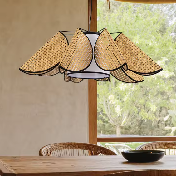 Pendant light in modern rattan and fabric style, ideal for cozy home lighting, providing ambient and sculptural appeal.