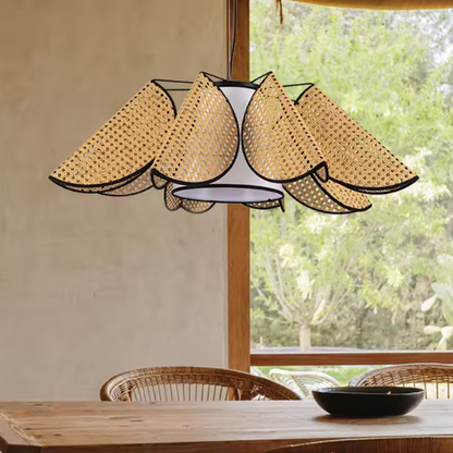 Pendant light in modern rattan and fabric style, ideal for cozy home lighting, providing ambient and sculptural appeal.