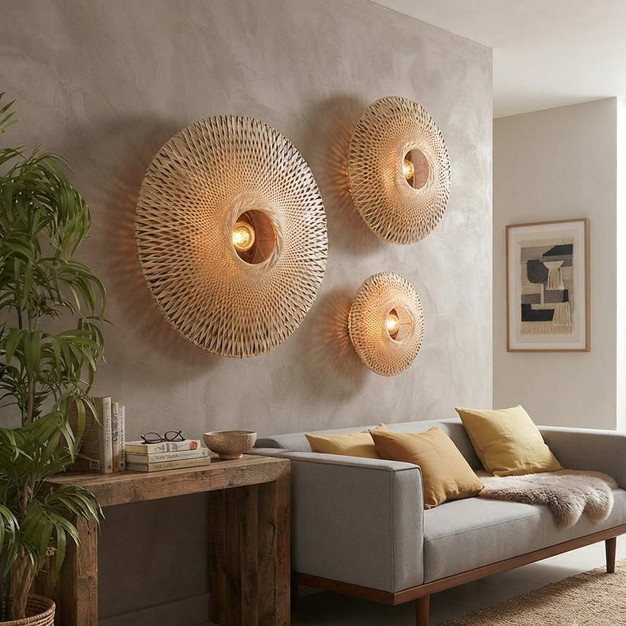 Pendant light in Modern style, crafted from Rattan, ideal for Living room decor, providing ambient and mood lighting with an organic, sculptural appeal.
