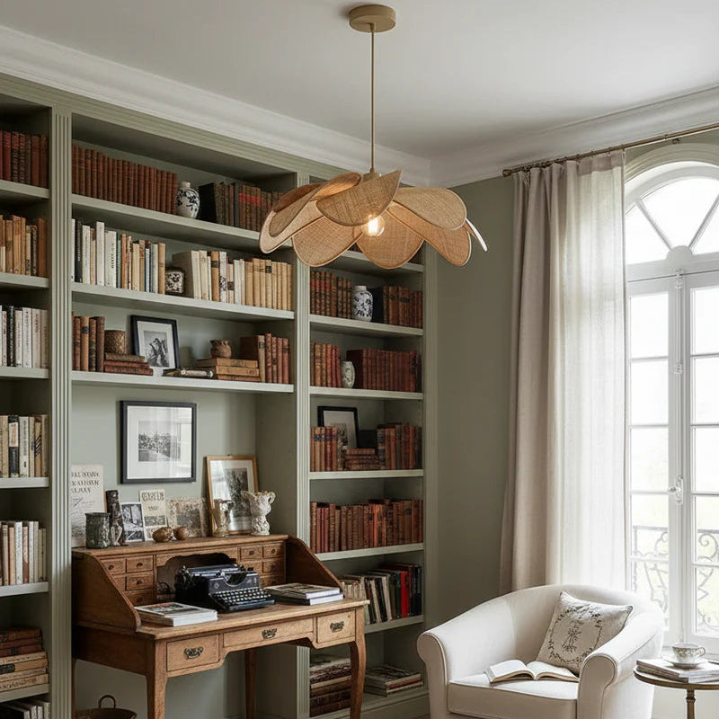 Pendant light in modern Rattan style, ideal for living room decor, providing ambient and accent lighting.