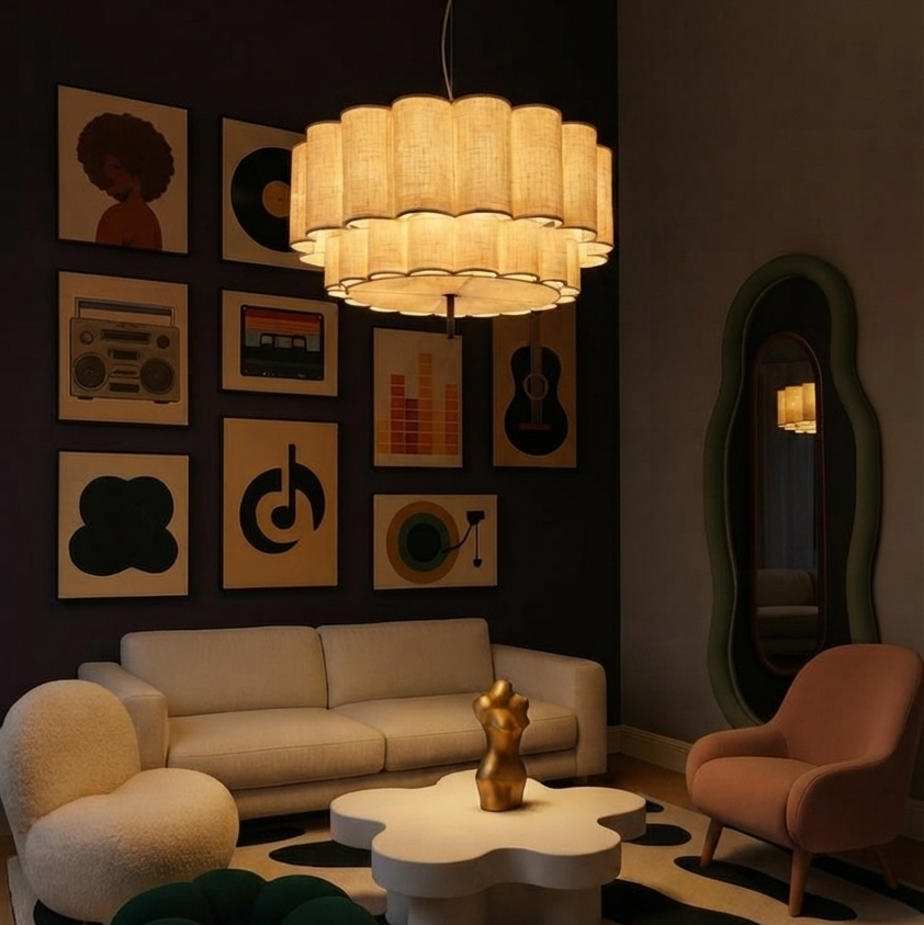 Pendant light in modern fabric style, ideal for living room decor, providing ambient and accent lighting.