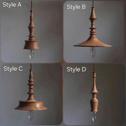 Pendant light in modern turned wood style, ideal for cozy home lighting, providing ambient and sculptural appeal.