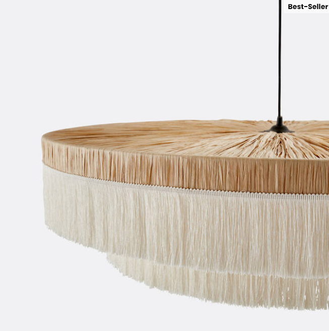 Pendant light made from natural Raffia, perfect over dining tables, providing pleasant lighting for family meals.