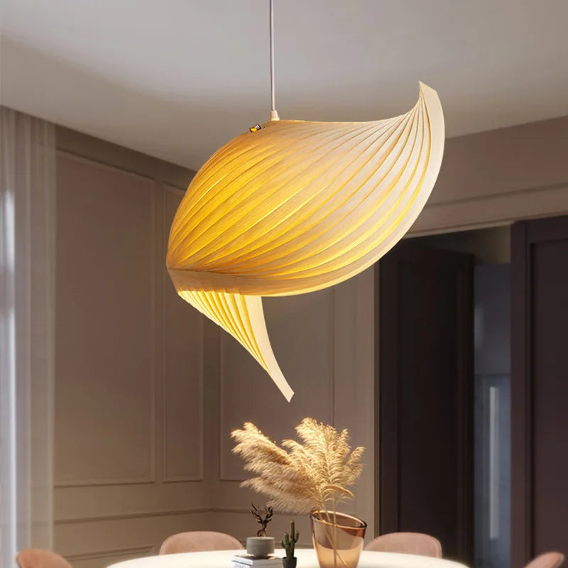 Pendant light made from natural wood, perfect over dining tables, providing pleasant lighting for family meals.
