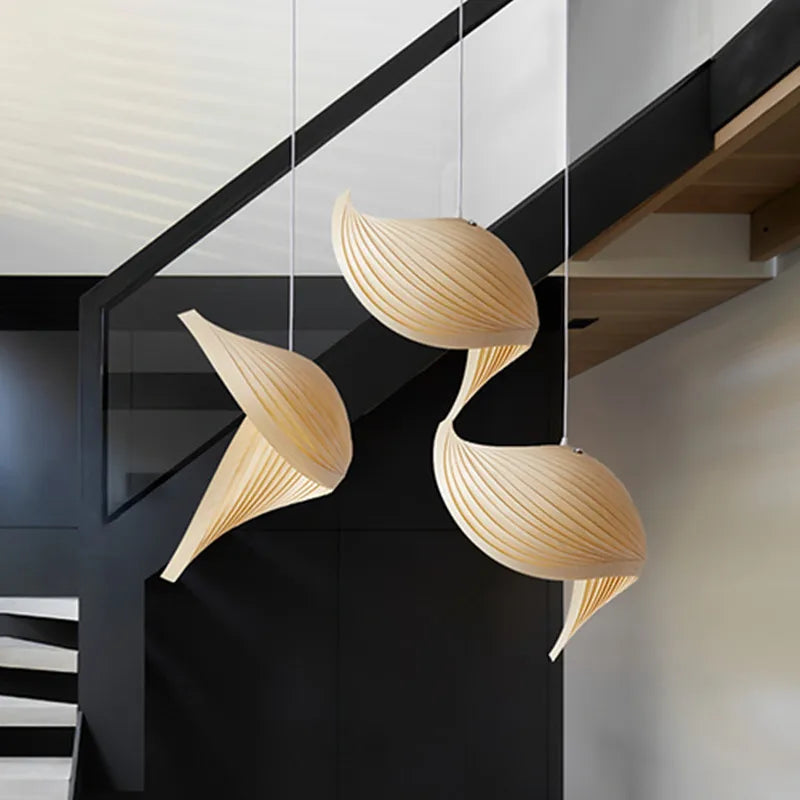 Pendant light in Neoclassic style, crafted from wood, ideal for modern interiors, providing warm ambient lighting.