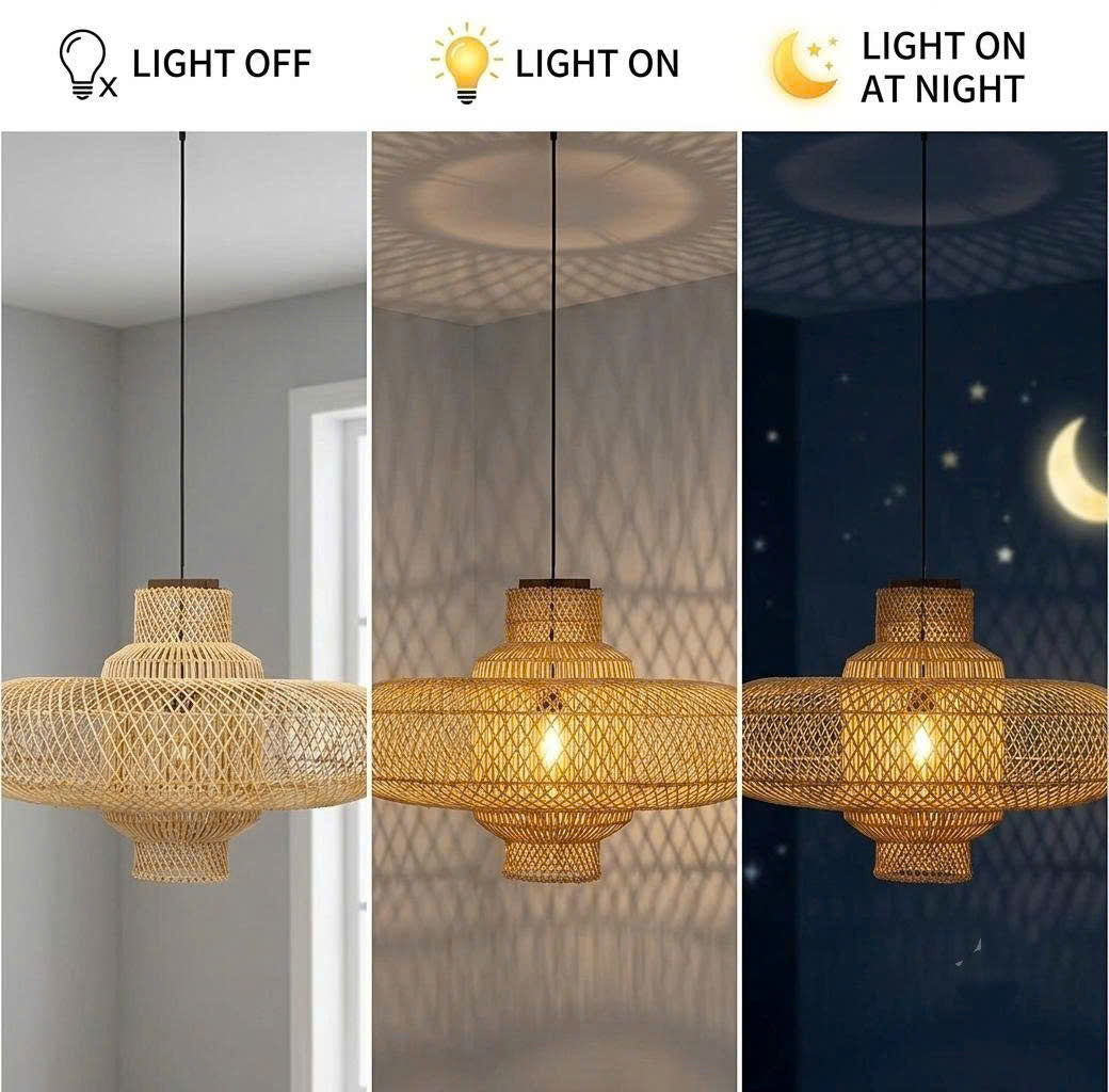 Nordic style lamp pendant light in light bamboo lattice, illuminating a high ceiling entryway.