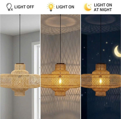 Nordic style lamp pendant light in light bamboo lattice, illuminating a high ceiling entryway.
