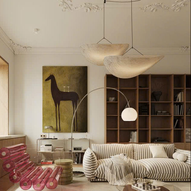 Pendant light with Organic modern aesthetic, made from Textile, ideal Living room lamp for ambient and task lighting.