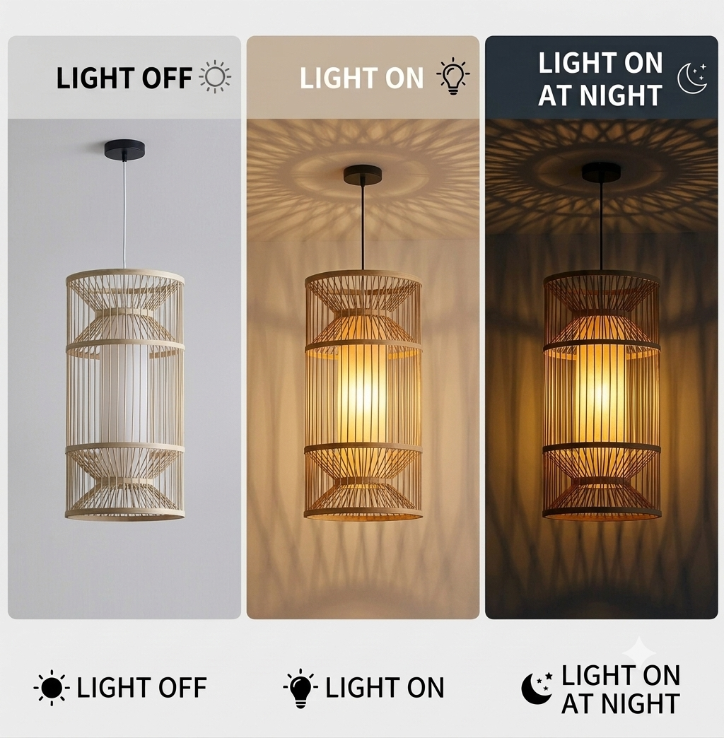 Quiet Luxury style pendant light in hand-woven bamboo column, providing understated elegance to a living room.