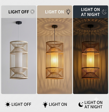 Quiet Luxury style pendant light in hand-woven bamboo column, providing understated elegance to a living room.