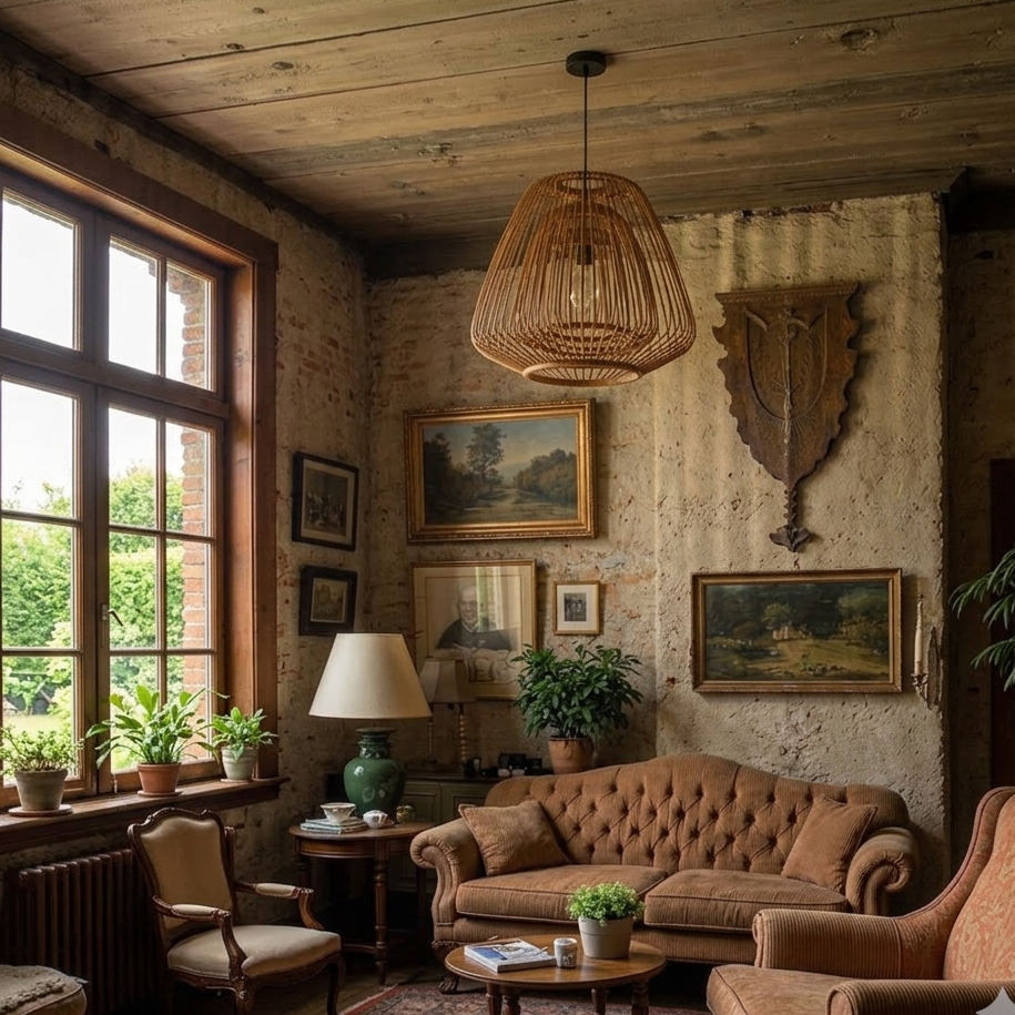 Quiet Luxury style pendant light in hand-woven bamboo tier, providing understated elegance to a living room.