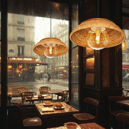 Quiet Luxury style pendant light in hand-woven rattan, providing understated elegance to acoffe house
