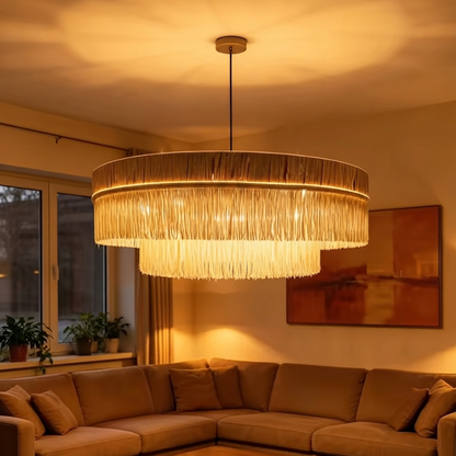 Pendant light in quiet luxury style, using quality Raffia, perfect for a cozy home atmosphere and sophisticated lighting.