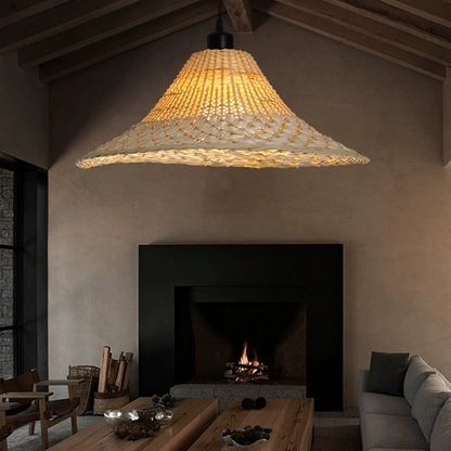 Scandinavian style pendant light in natural bamboo cone, designed for a modern living room.