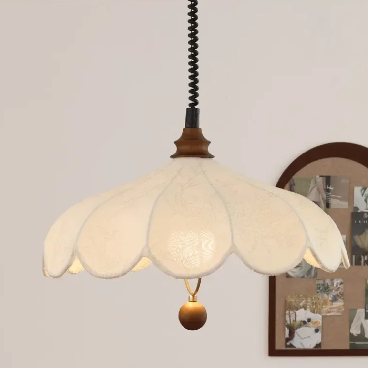 Pendant light in Scandinavian style, featuring Wood Mix Cloth material, ideal for Interior decor, providing ambient and task lighting.