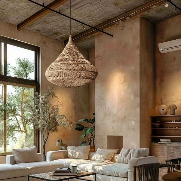 Scandinavian pendant light in woven rattan, essential for stylish living room lighting.