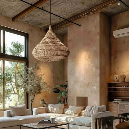 Scandinavian pendant light in woven rattan, essential for stylish living room lighting.