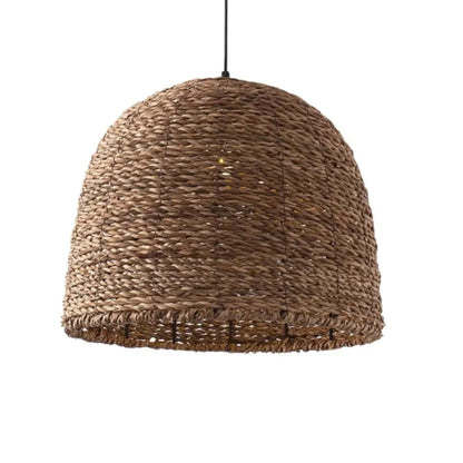 Natural jute woven pendant shade featuring intricate organic fiber weave.