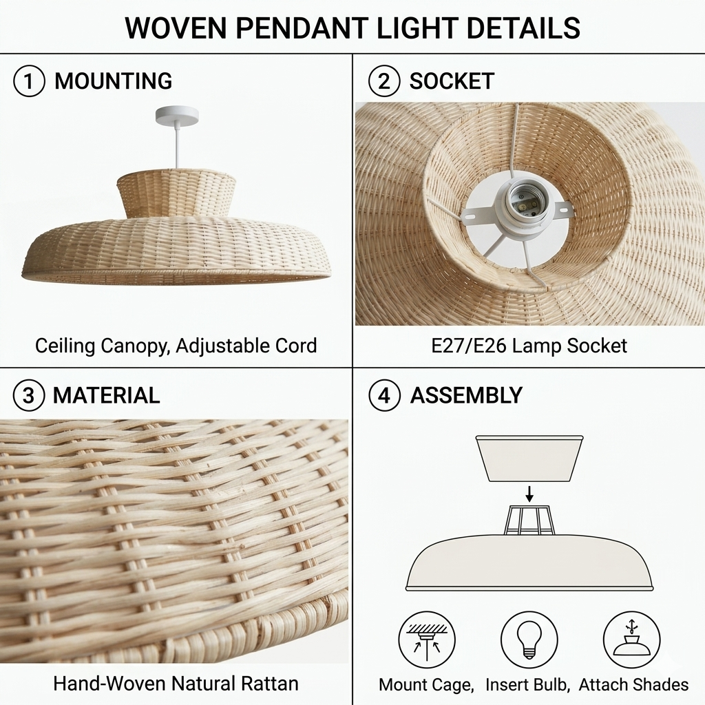 Premium braided rattan saucer-style pendant light showcasing high-quality natural fiber texture.